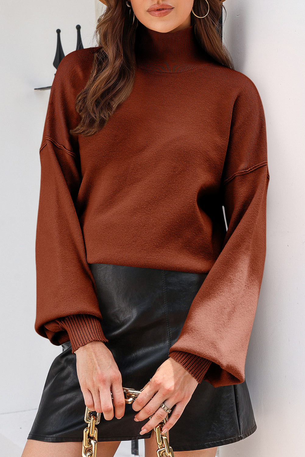 Turtleneck Drop Shoulder Bubble Sleeve Knit Sweater