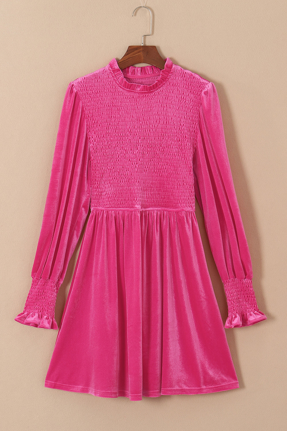 Frilled Neck Smocked Velvet Dress