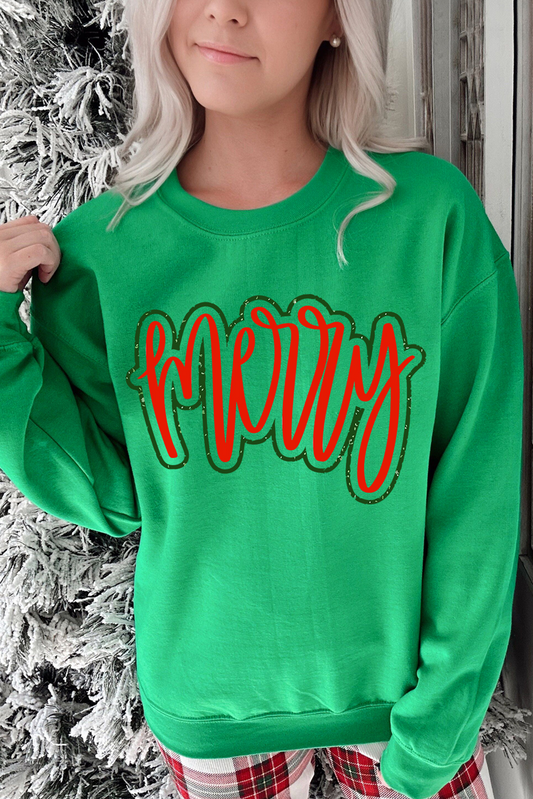 Green Merry Print Fleece Lined Christmas Sweatshirt