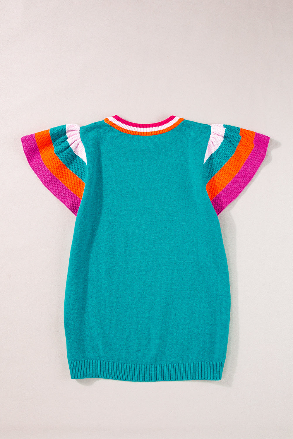 Bright Pink Contrast Flutter Sleeves Knitted Sweater T Shirt