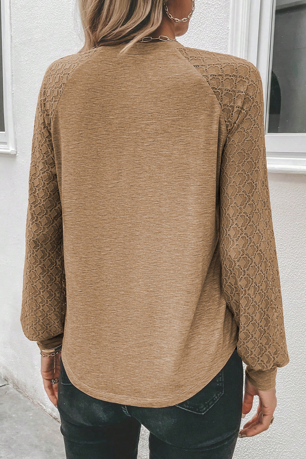 Lace Raglan Sleeve Plicate Round Neck Top