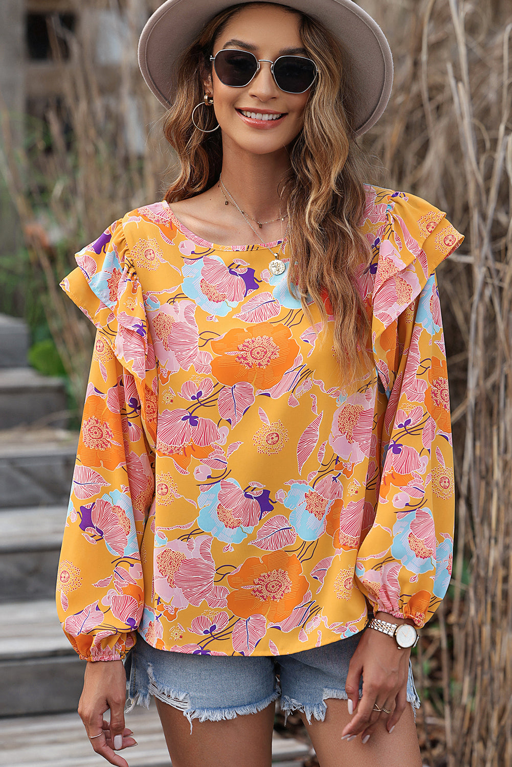 Playful Floral Print Ruffle Puff Sleeve Blouse