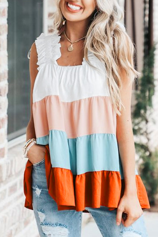 Multicolor Frill Tiered Colorblock A-line Top