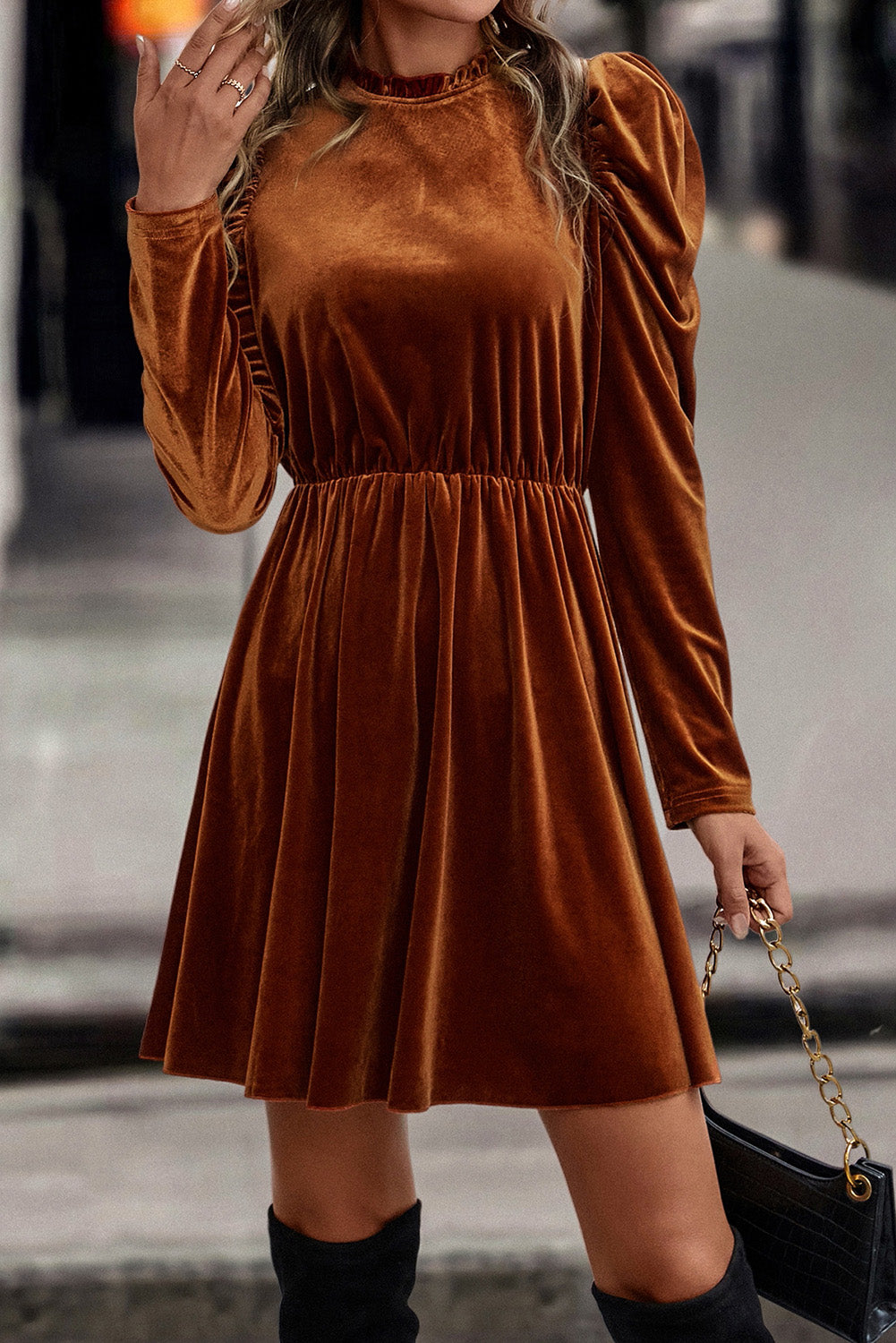 Velvet Frilled Neck Swing Dress