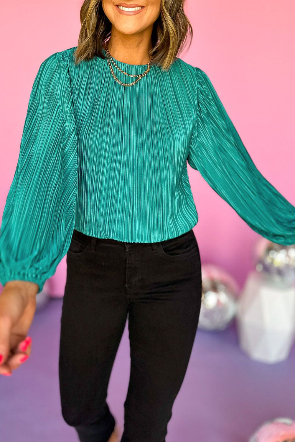 Pleated Luster Long Sleeve Blouse