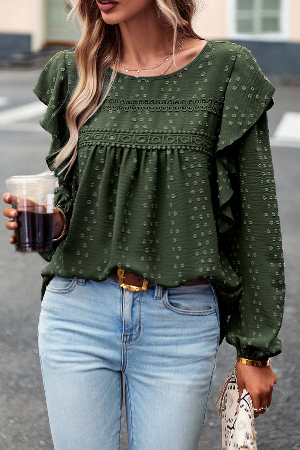 Lace Eyelet Ruffle Long Sleeve Blouse