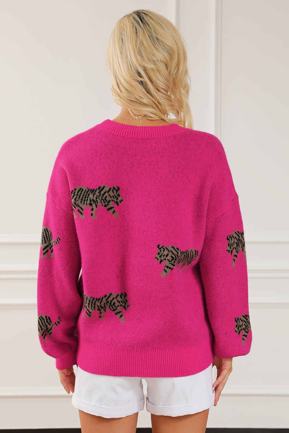 Rose Red Fierce Animal Pattern Knitted Sweater