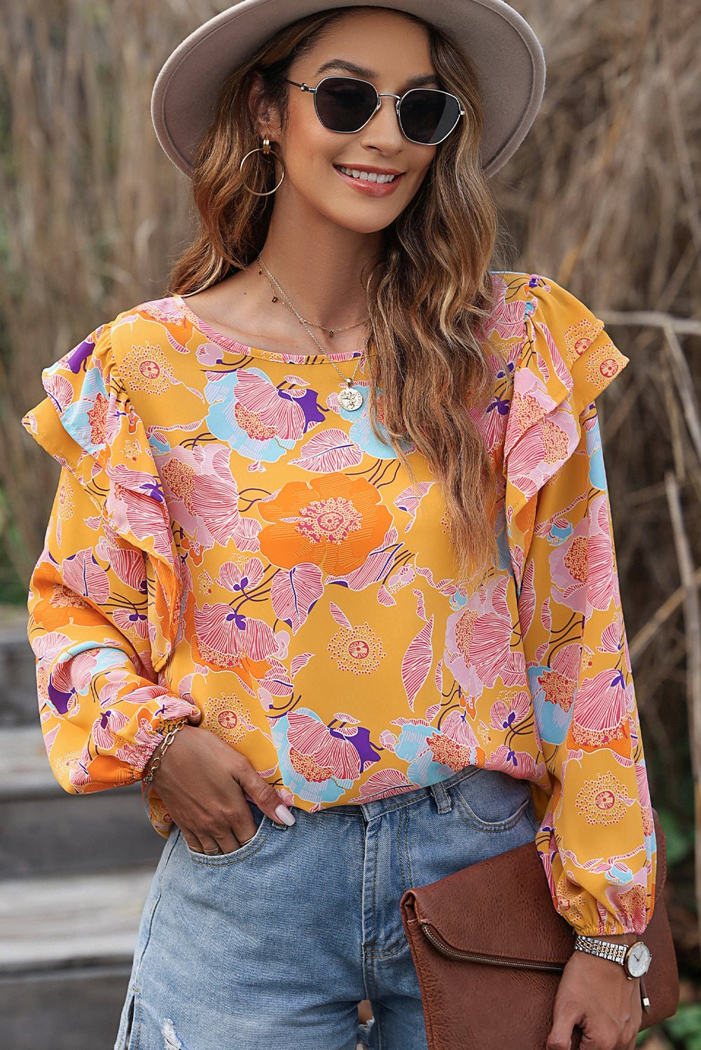 Playful Floral Print Ruffle Puff Sleeve Blouse