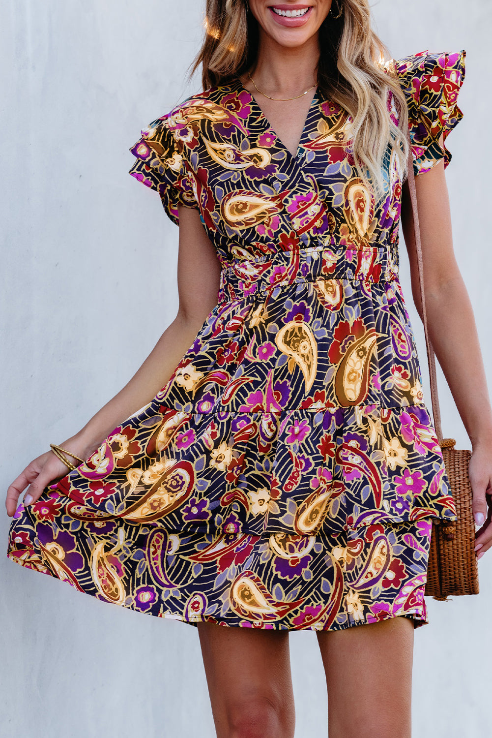 Paisley Print Flutter Sleeve Tiered Ruffle Dress