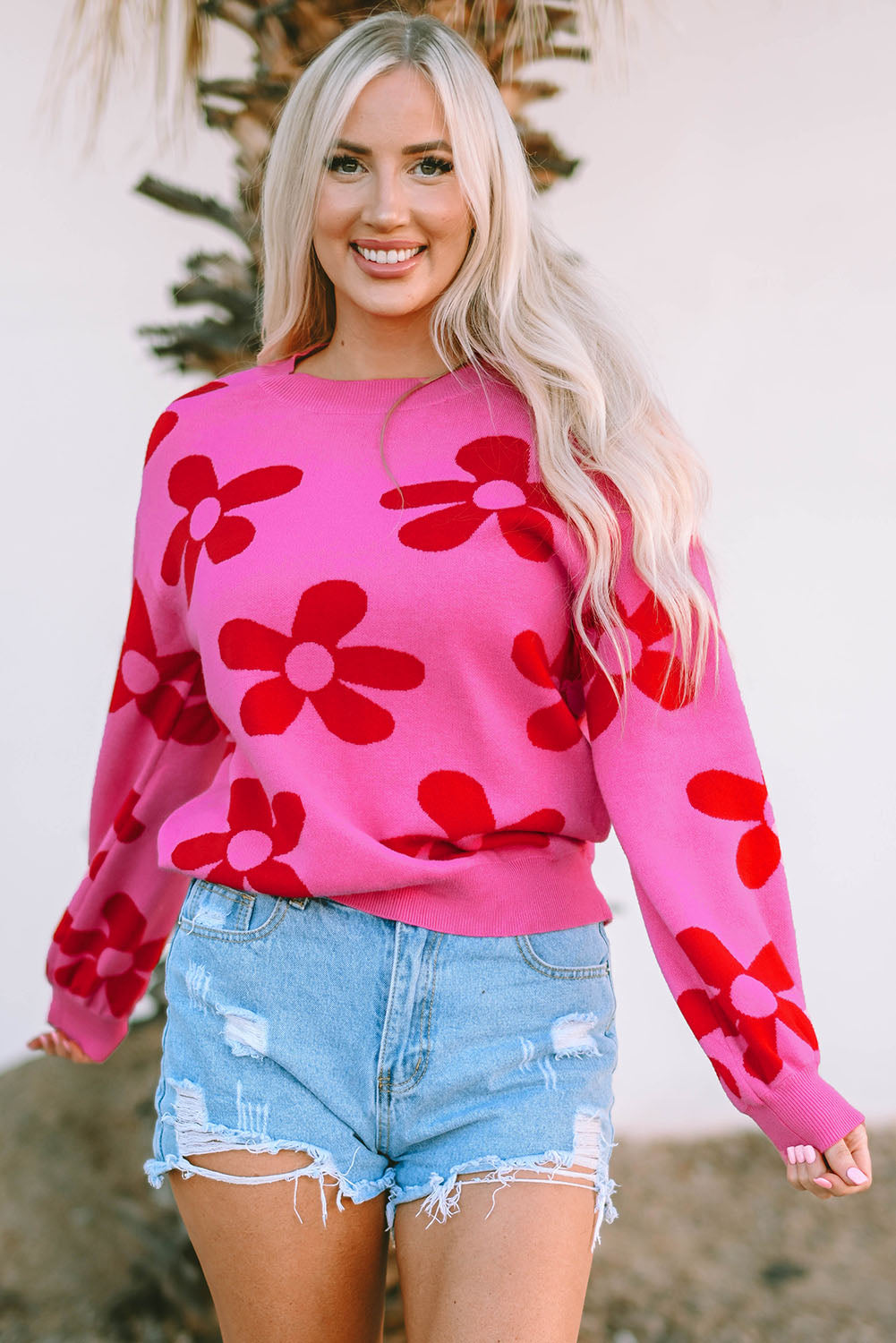 Big Flower Knit Ribbed Trim Sweater