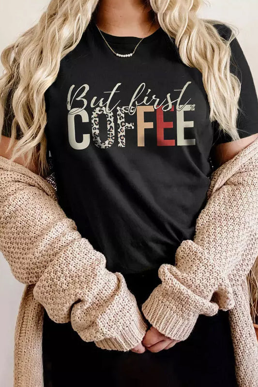 But First Coffee Leopard Print Crew Neck T Shirt