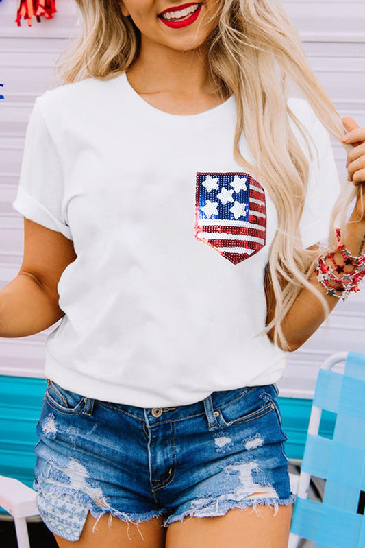 American Flag Sequin Pocket Patched T Shirt