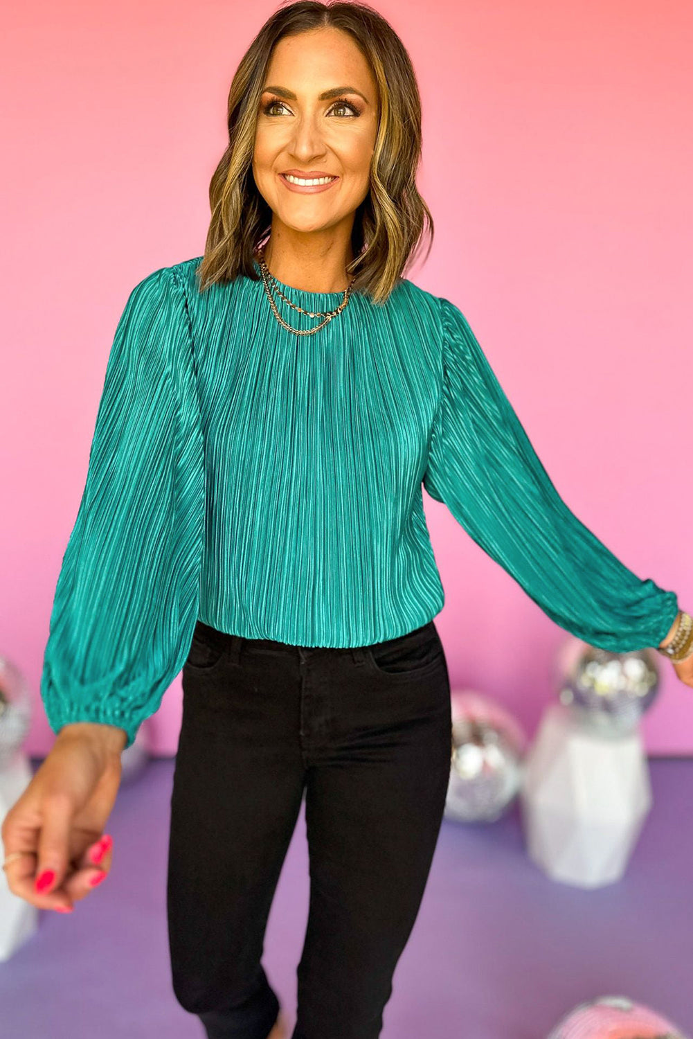 Pleated Luster Long Sleeve Blouse