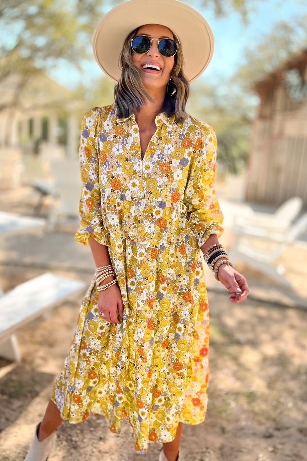 Boho Floral Collared Long Sleeve Ruffled Dress