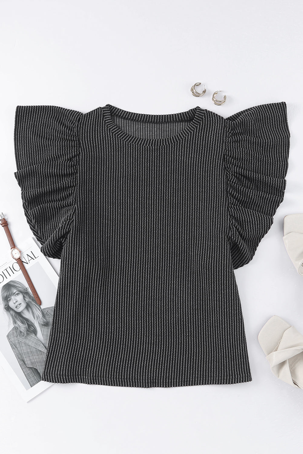 Ribbed Knit Ruffled Short Sleeve T Shirt