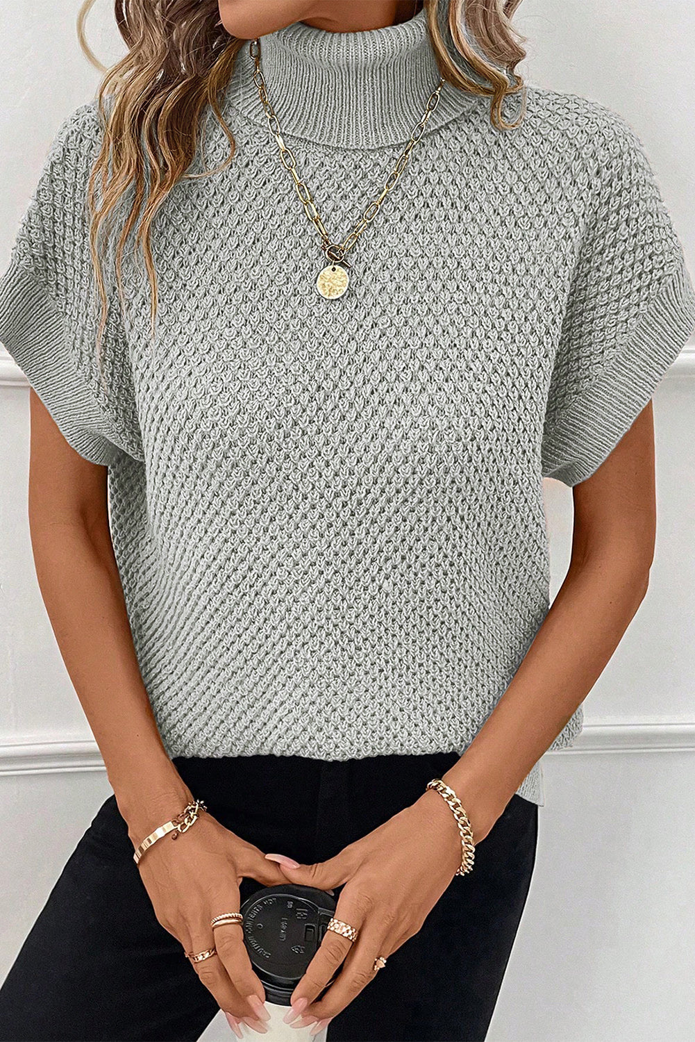 Turtleneck Textured Short Sleeve Sweater