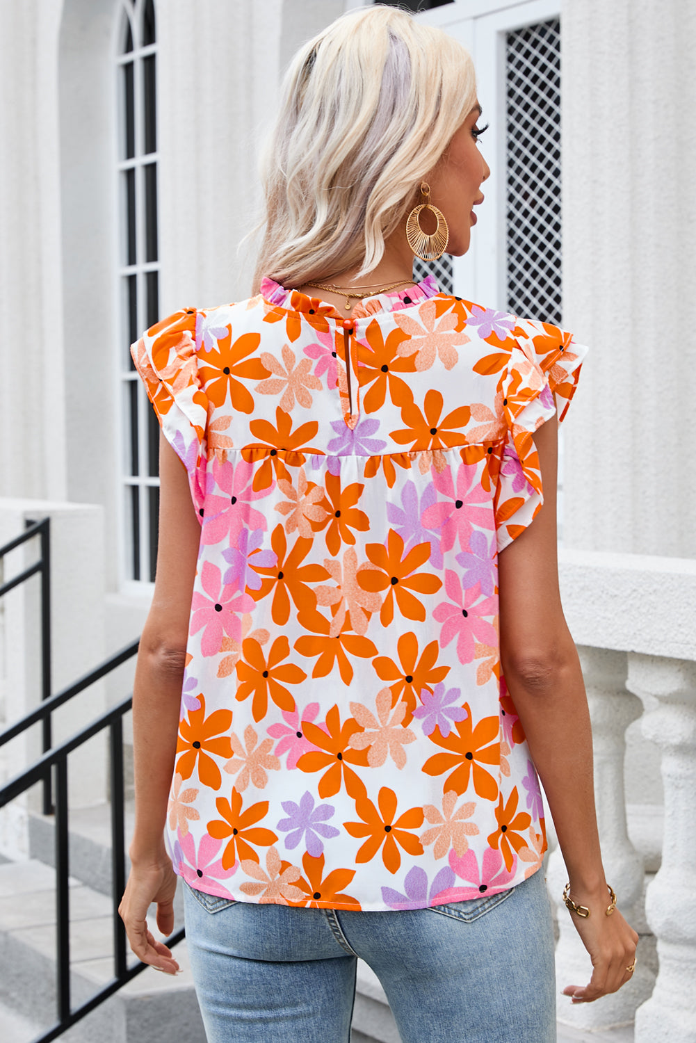 Orange Ruffled Sleeve Smocked Floral Top