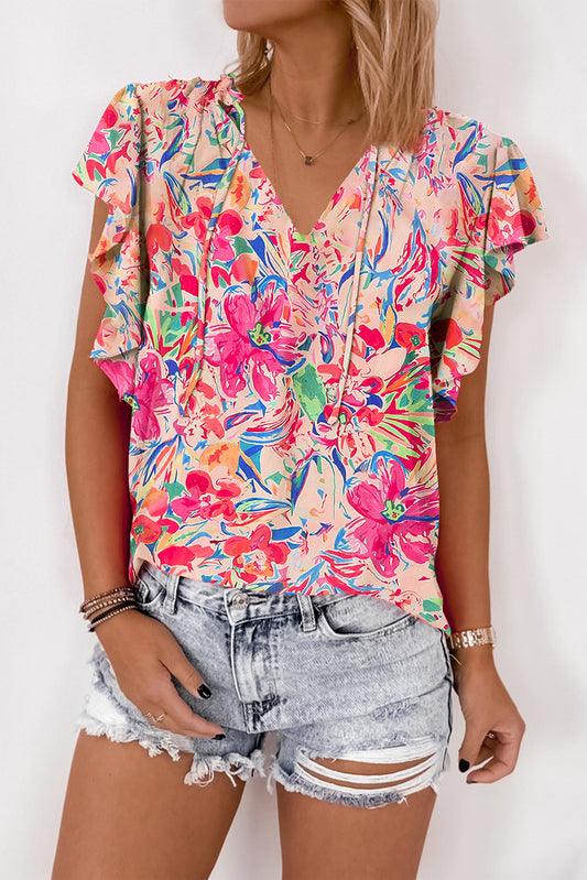 Floral Ruffled Sleeve V Neck Summer Blouse