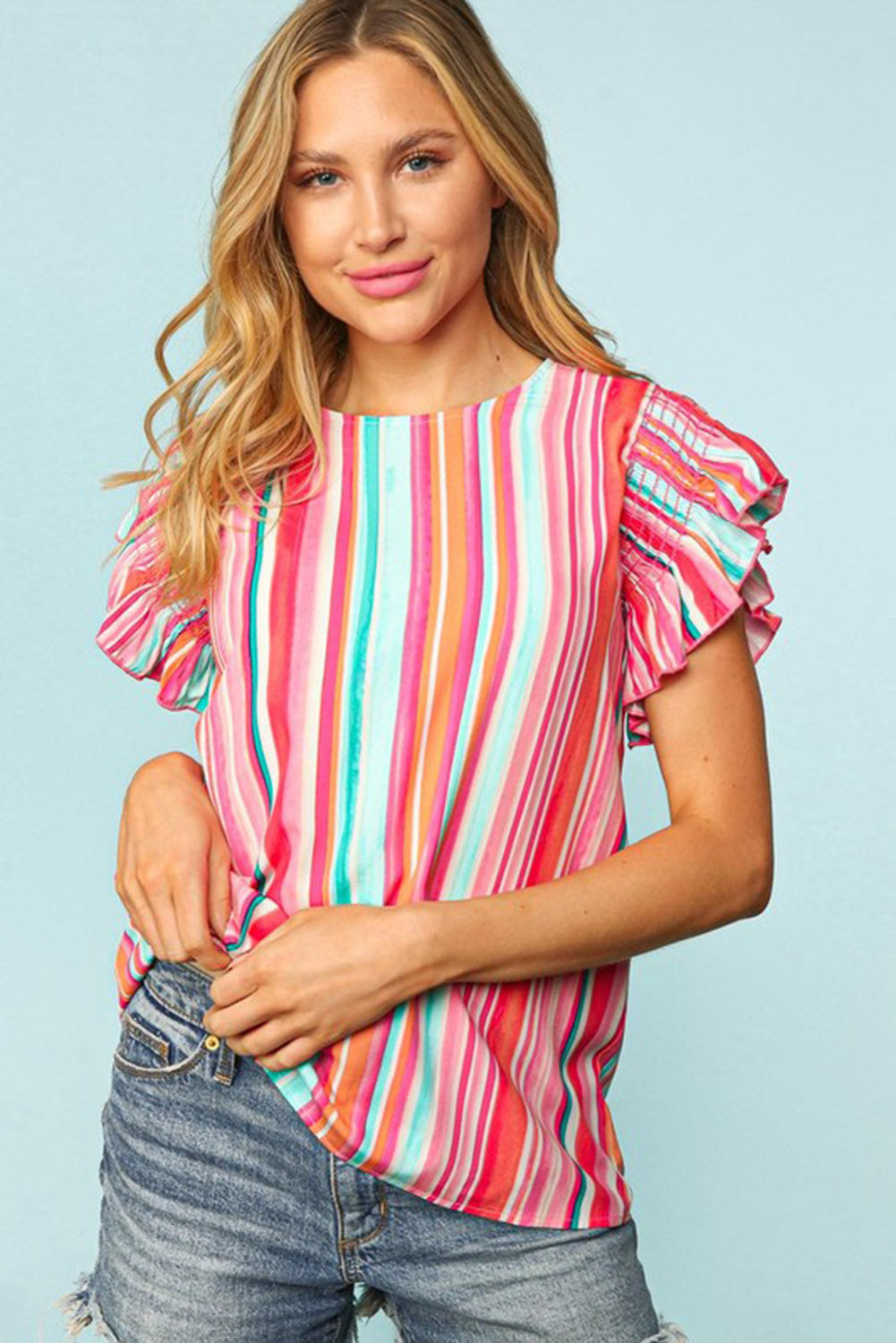 Multicolor Abstract Print Stitching Ruffle Sleeve Blouse