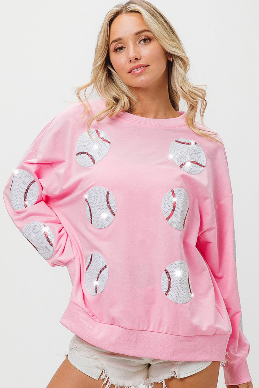 Pink Sequin Baseball Patched Pullover Sweatshirt