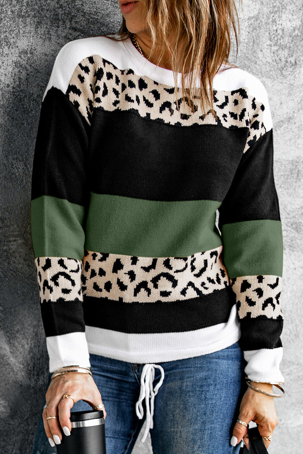 Leopard Color Block Knit Pullover Sweater