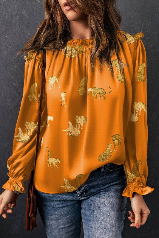 Orange Cheetah Printed Ruffled Sleeve Blouse