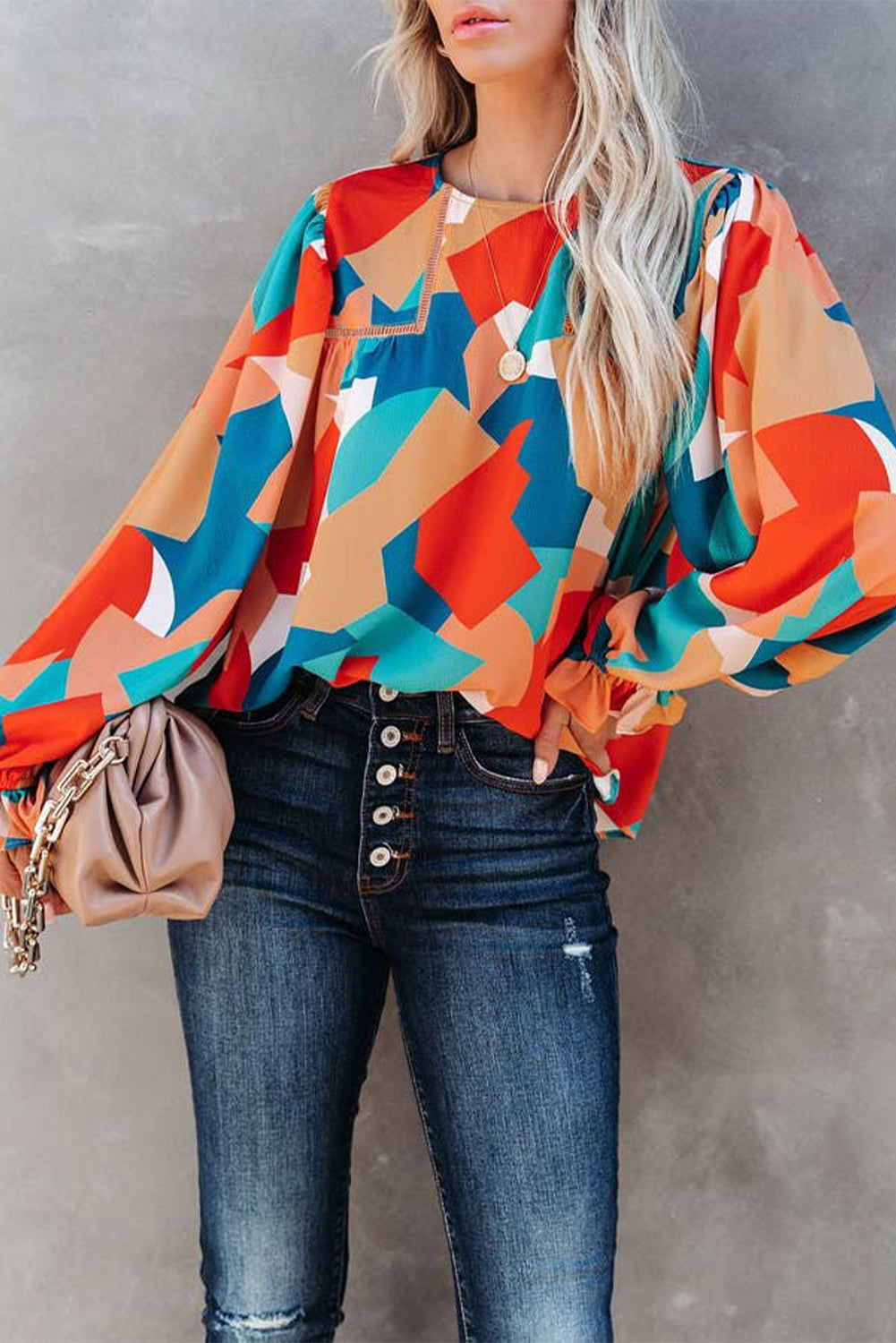 Multicolor Abstract Pattern Crewneck Ruffled Puff Sleeve Blouse