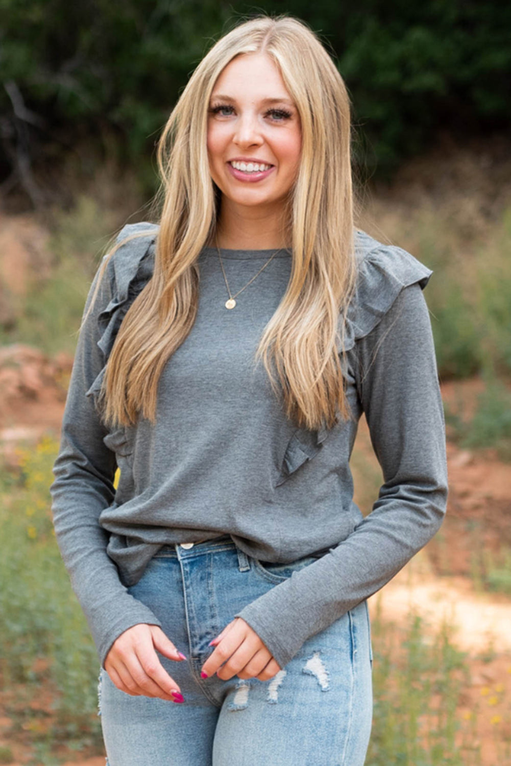 Grey Solid Color Ruffled Crew Neck Long Sleeve Top