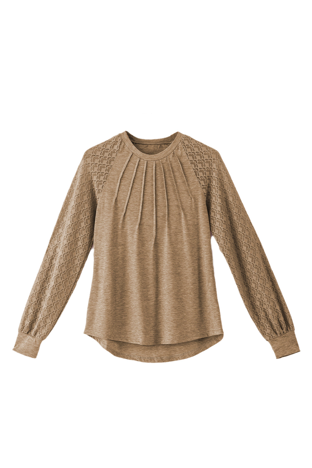 Lace Raglan Sleeve Plicate Round Neck Top