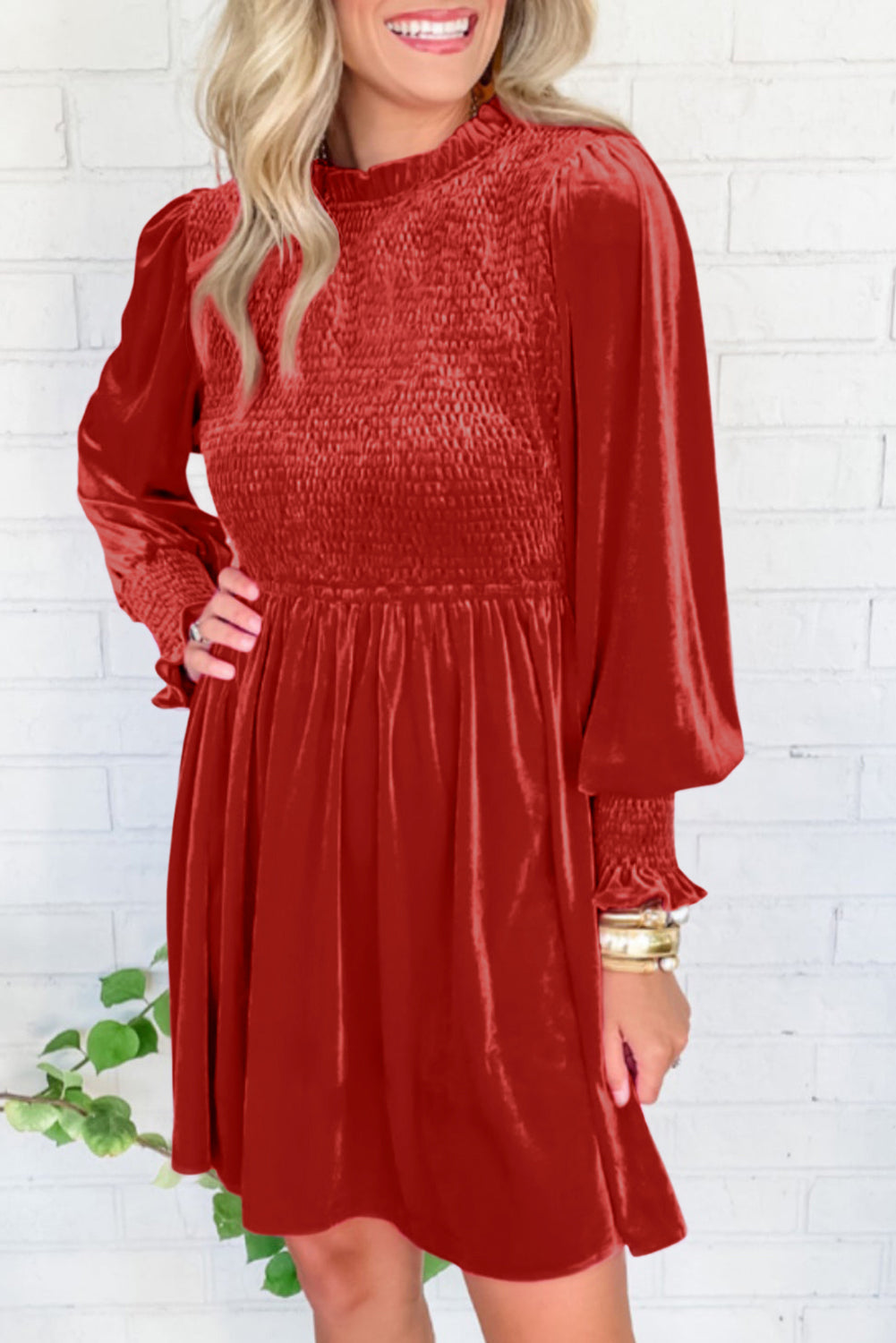 Frilled Neck Smocked Velvet Dress