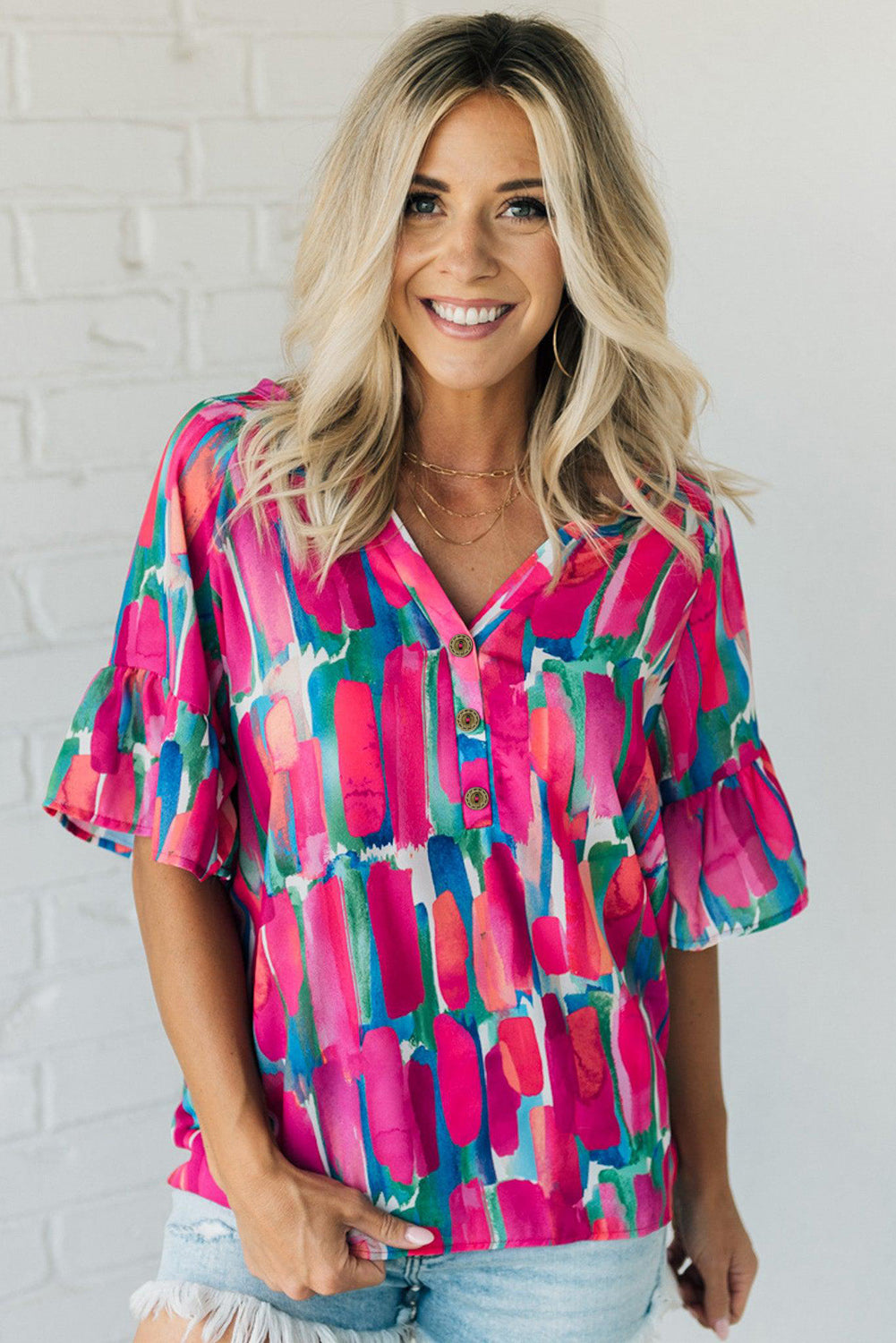 Brushwork Print Buttoned V Neck Blouse