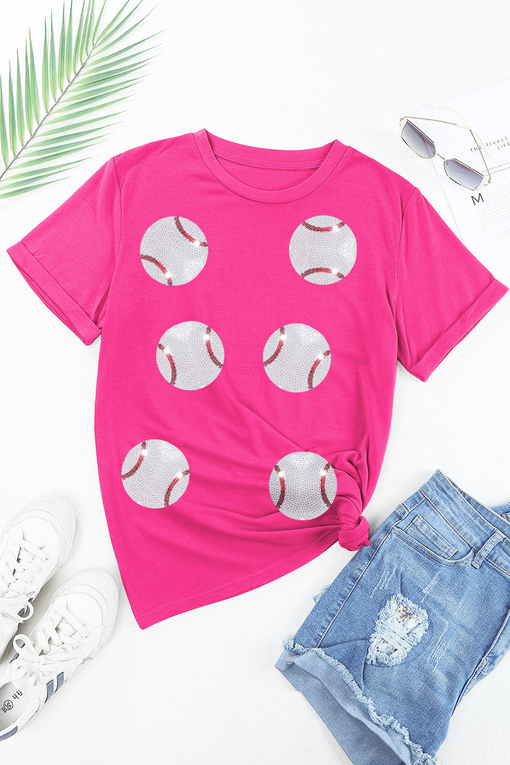 Sequined Baseball Graphic Cotton T Shirt