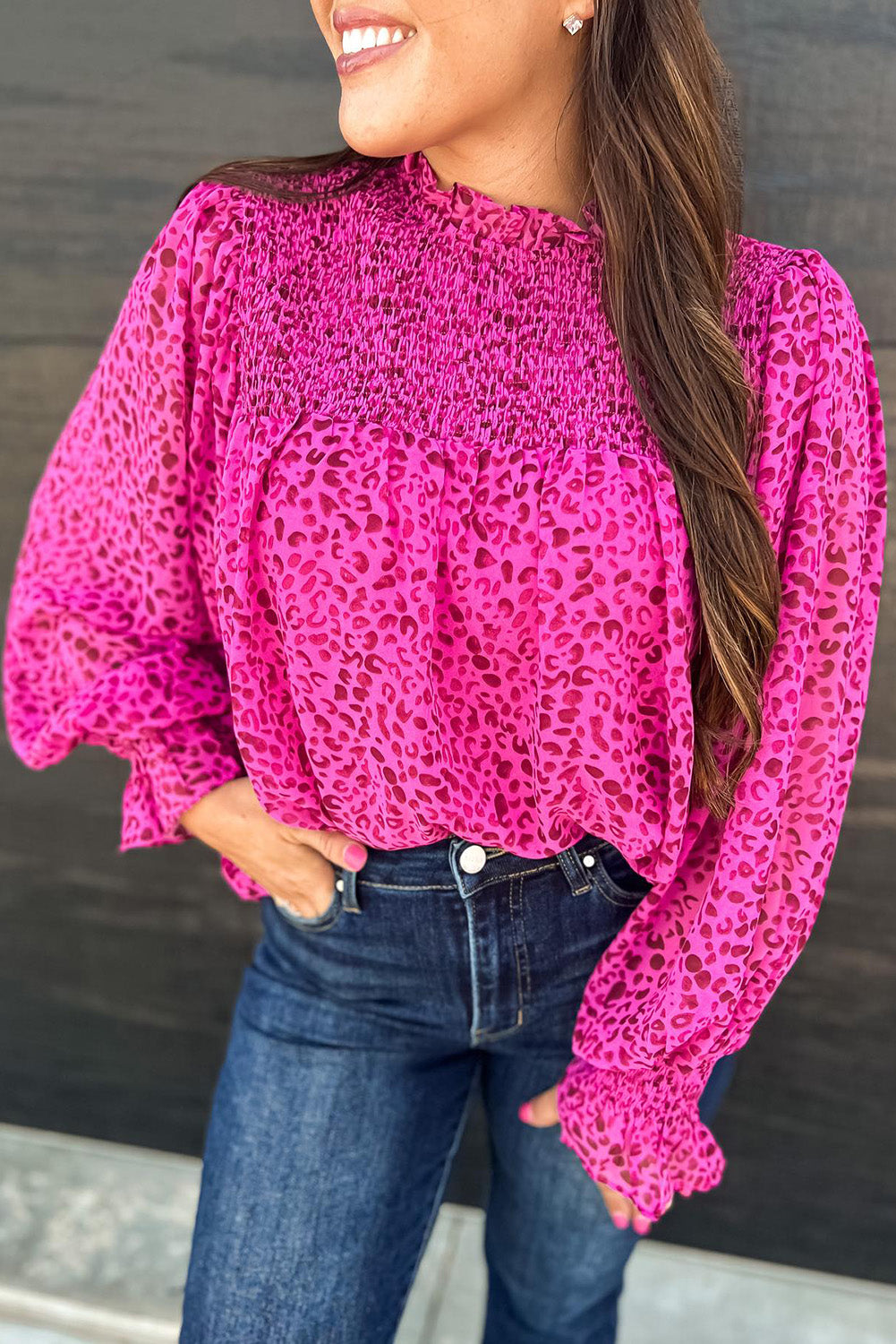 Pink Leopard Shirred Puff Sleeve Flowy Blouse