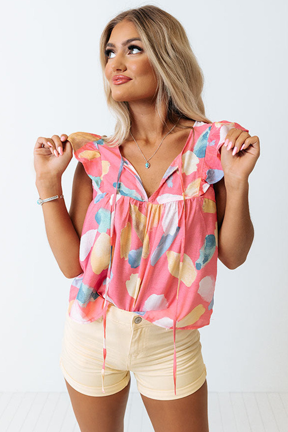 Watercolor Ruffled Cap Sleeve Shift Top