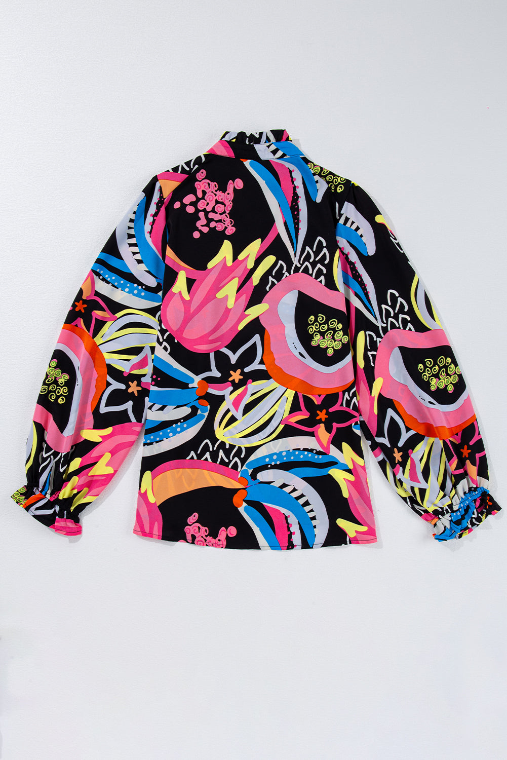 Green Abstract Print Ruffled Sleeve Buttoned V Neck Blouse