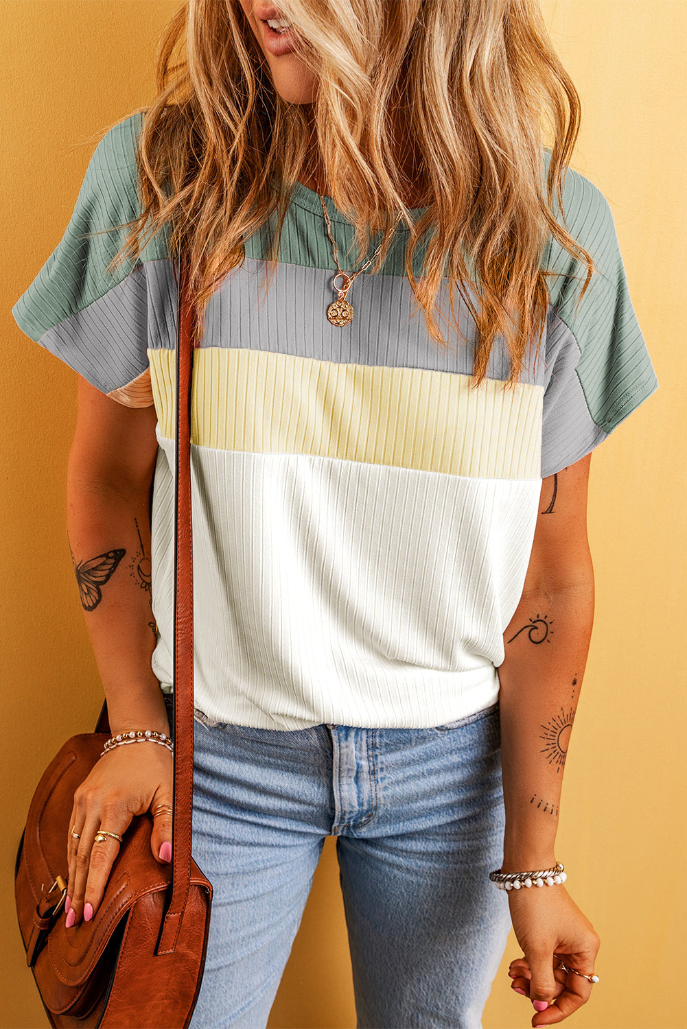 Ribbed Color Block Patchwork T-shirt