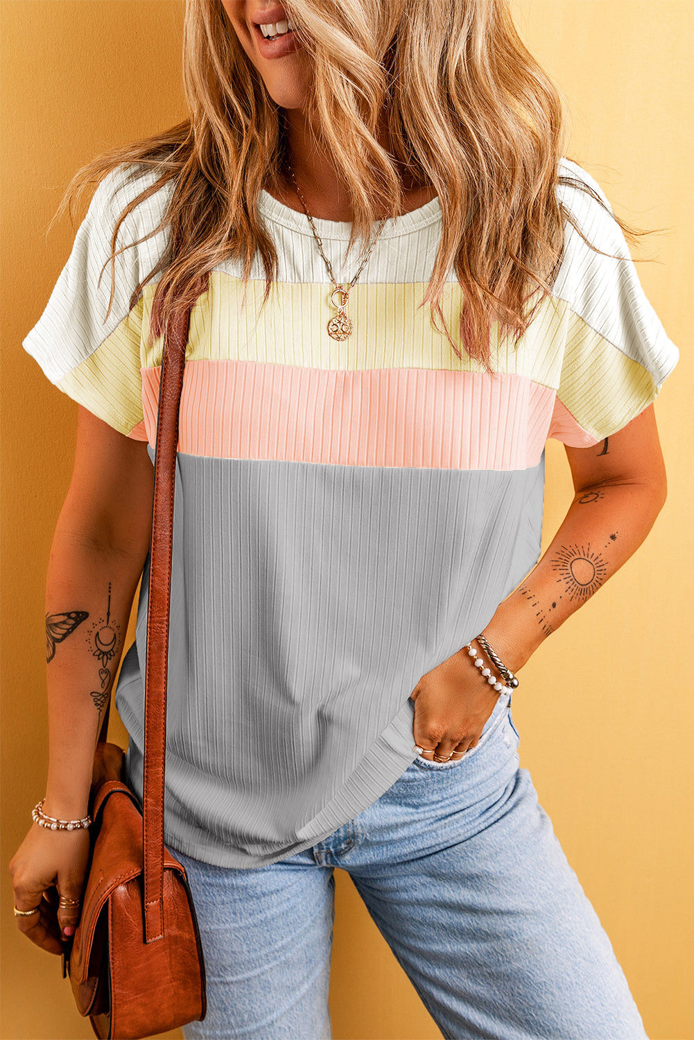 Ribbed Color Block Patchwork T-shirt