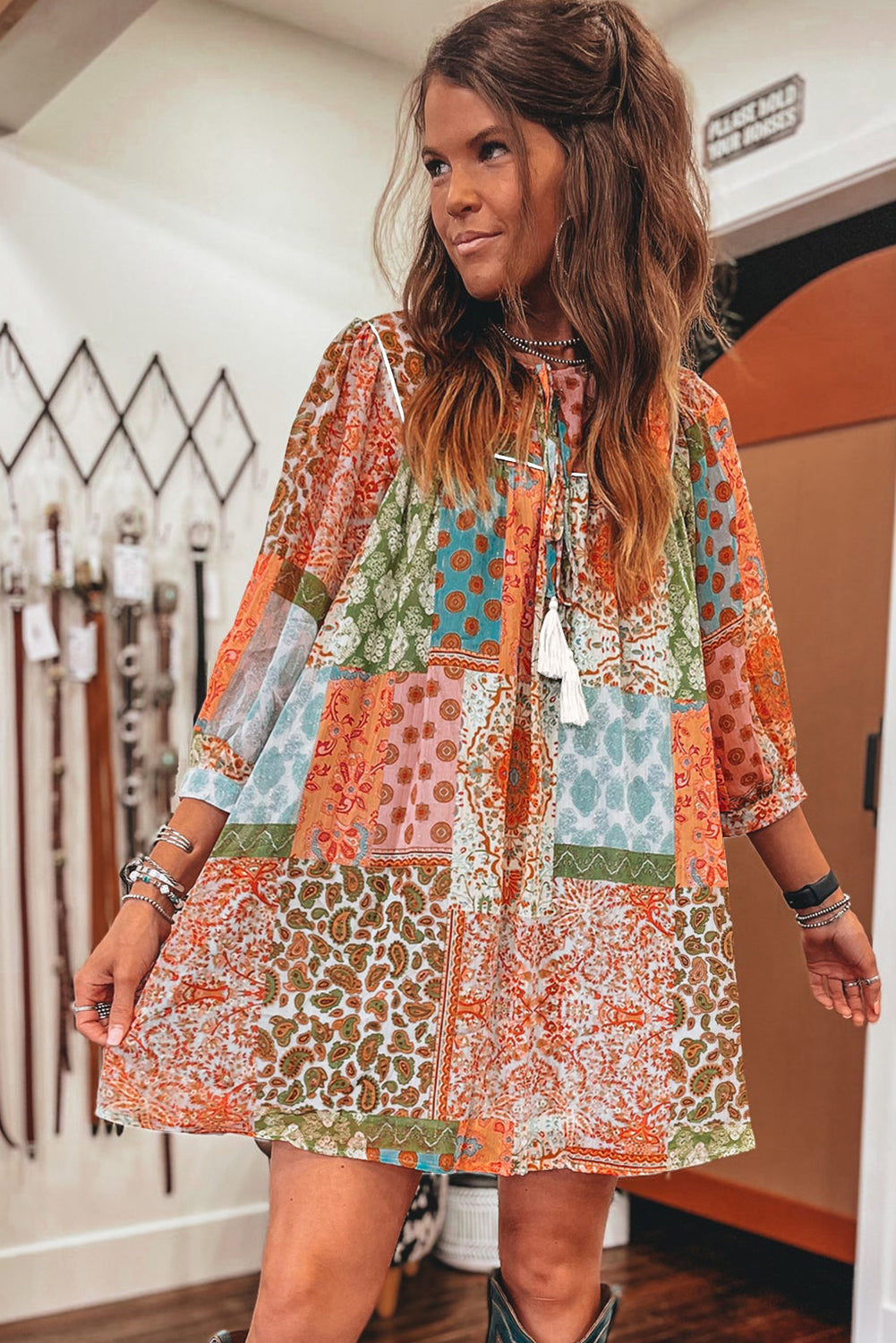 Orange Boho Paisley Print 3/4 Sleeve Chiffon Loose Dress