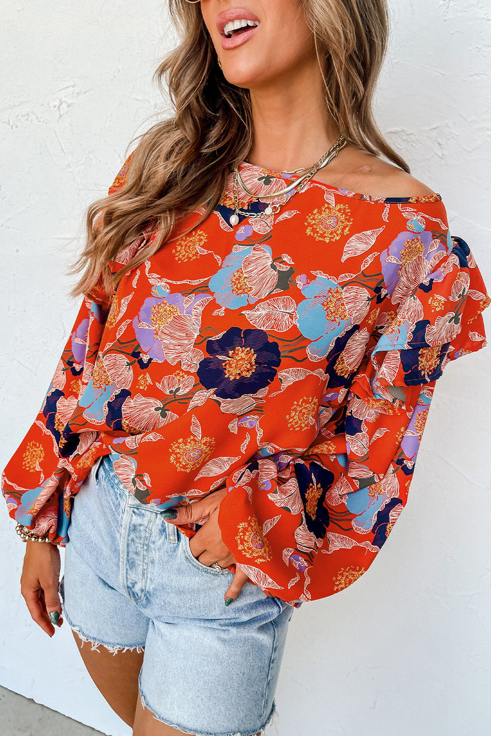 Playful Floral Print Ruffle Puff Sleeve Blouse