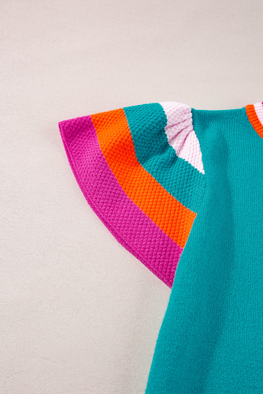 Bright Pink Contrast Flutter Sleeves Knitted Sweater T Shirt