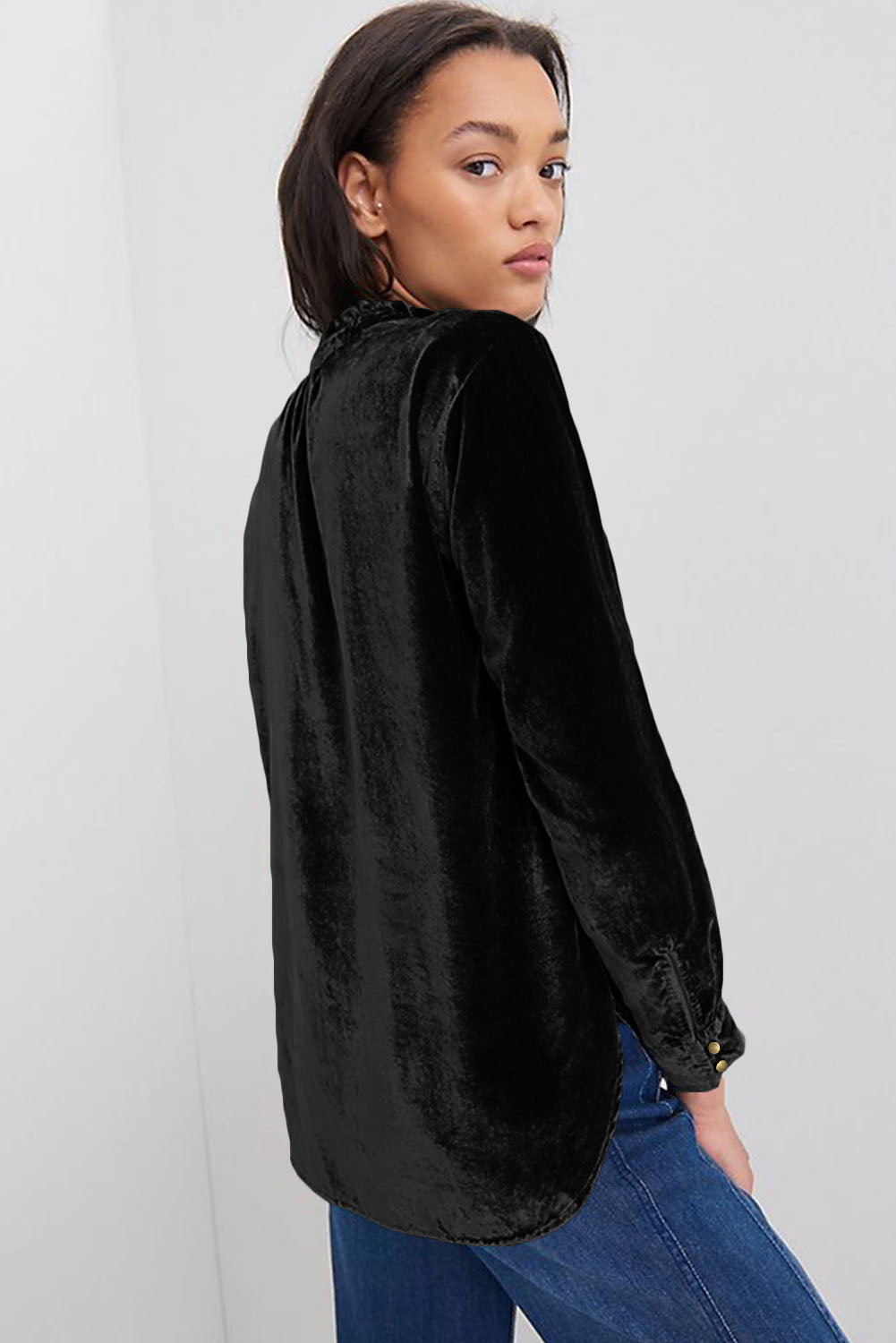 Frilled Neck Buttoned Front Velvet Top