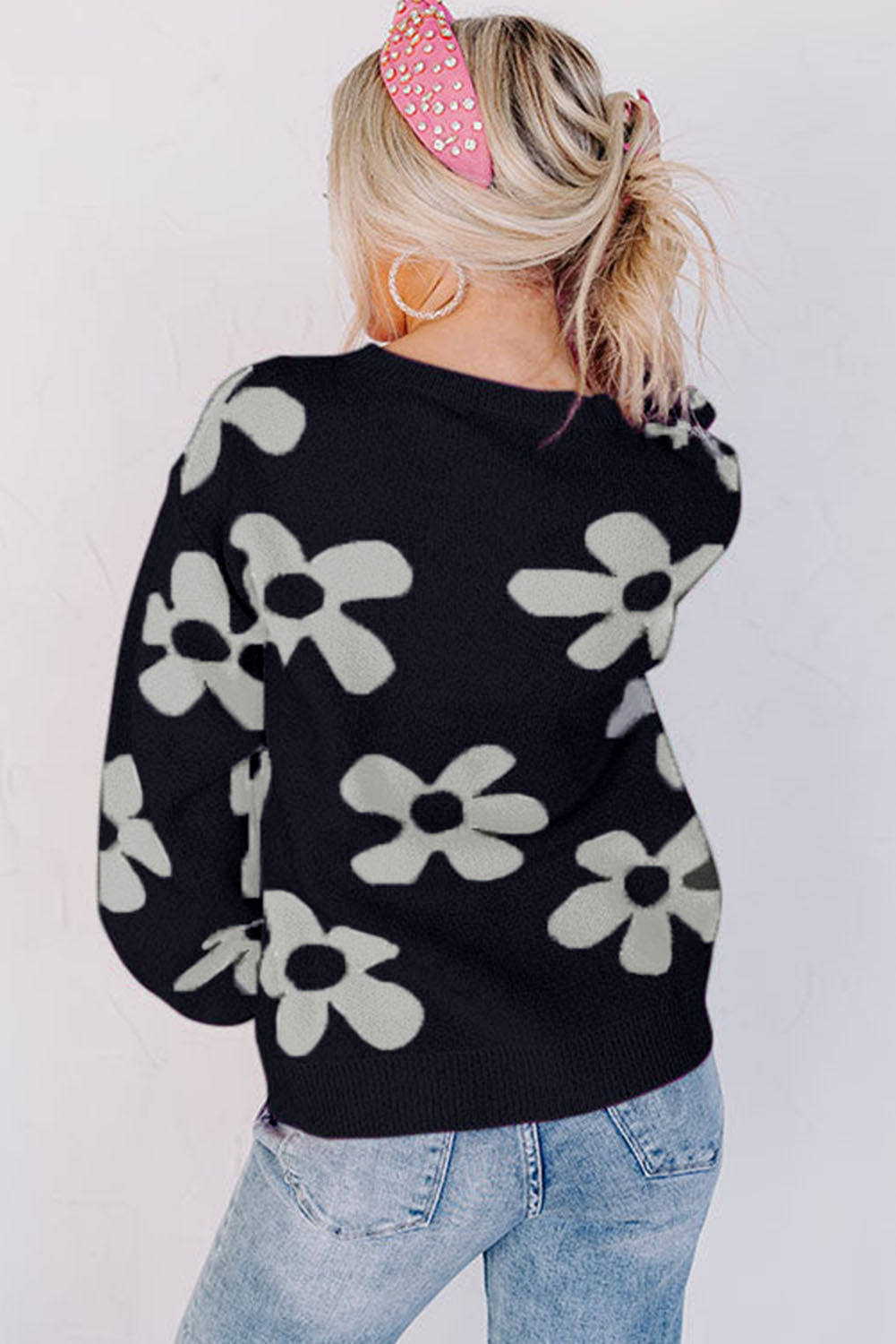 Big Flower Knit Ribbed Trim Sweater