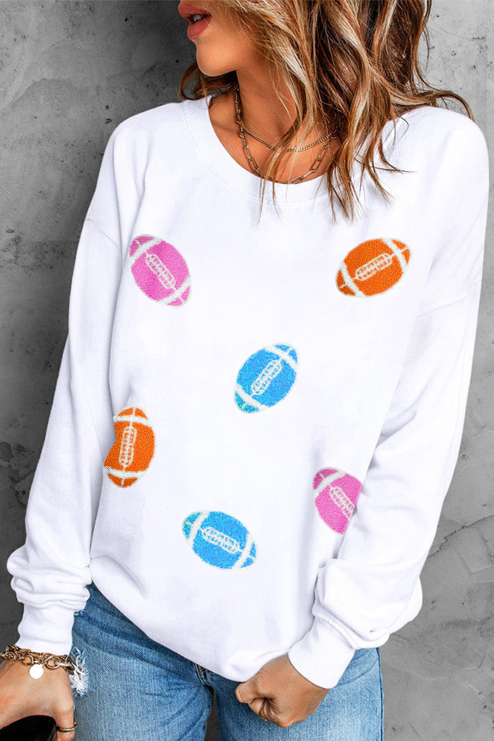 Football Chenille Embroidered Patched Pullover Sweatshirt