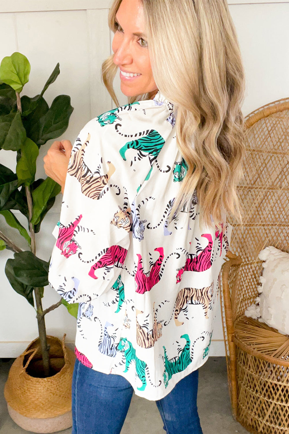 Tiger Print Ruffled Lantern Sleeve Blouse