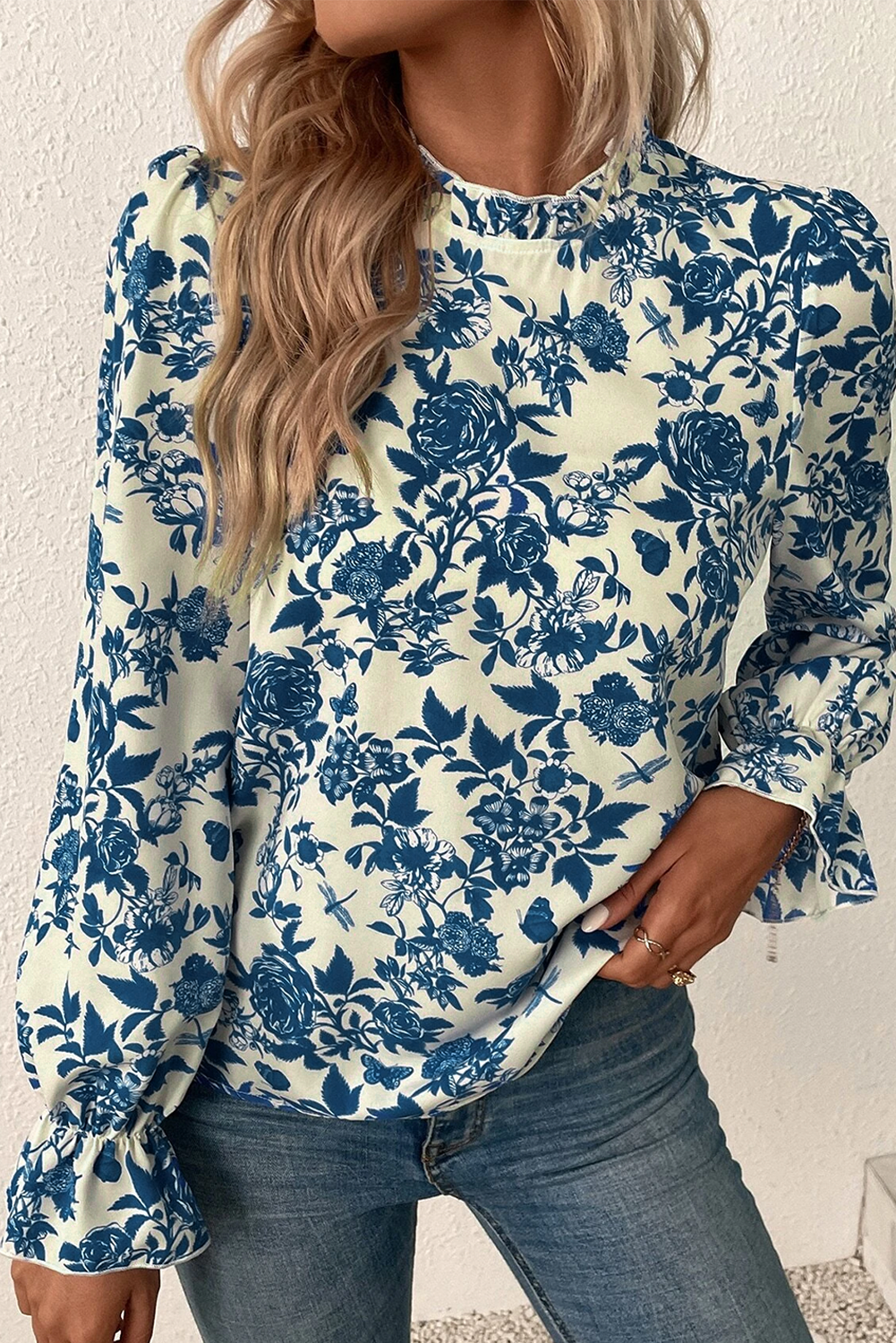 Sky Blue Floral Print Flounce Sleeve Blouse