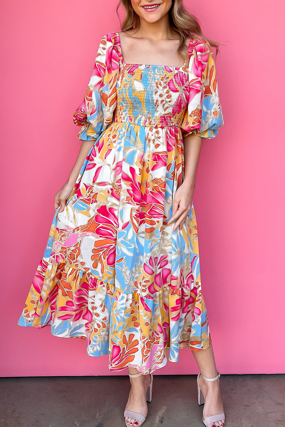 Tropical Print Smocked Bodice Puff Sleeve Maxi Dress