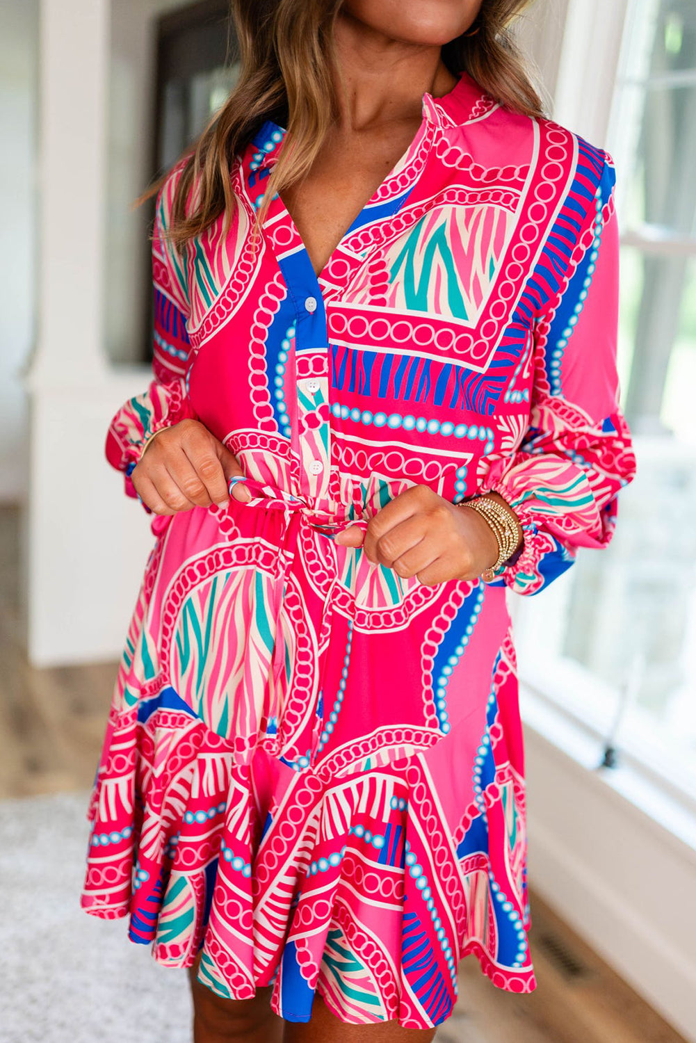 Boho Abstract Drawstring Waist Ruffled Mini Dress