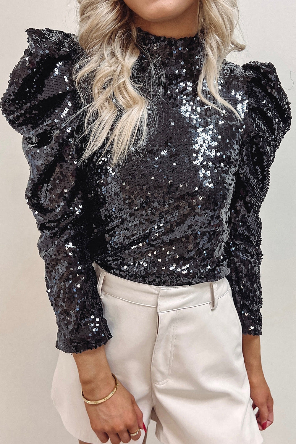 Sequin Mock Neck Bubble Sleeve Top