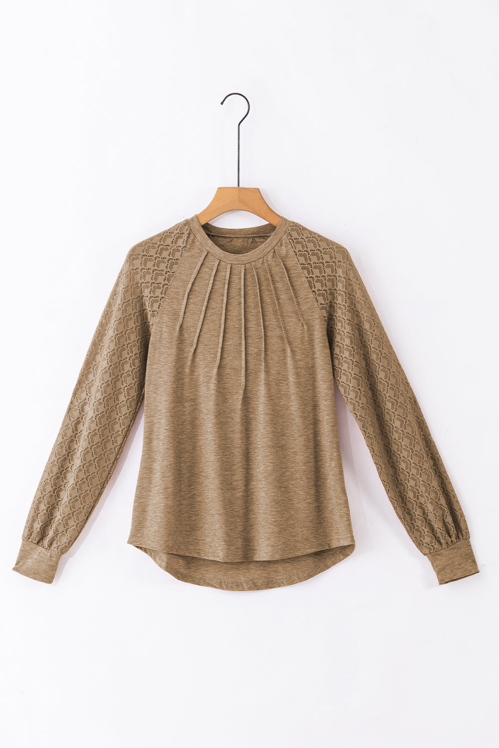 Lace Raglan Sleeve Plicate Round Neck Top