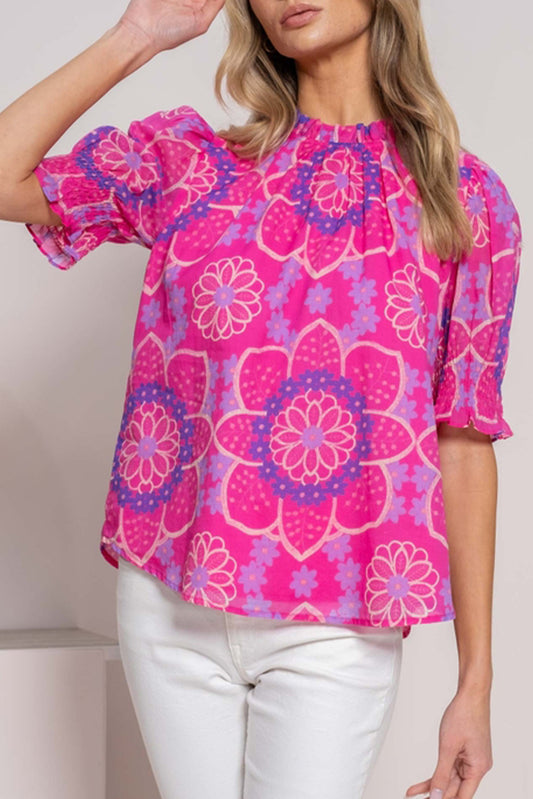 Pink Floral Print Frilled Neck Smocked Puff Sleeve Blouse